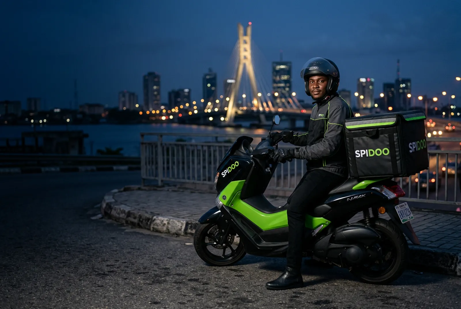 A Spidoo dispatch rider in a safety helmet and black uniform, seated on a parked black and lime-green Spidoo motorcycle with a branded rear dispatch box, in front of the Lagos skyline at night.